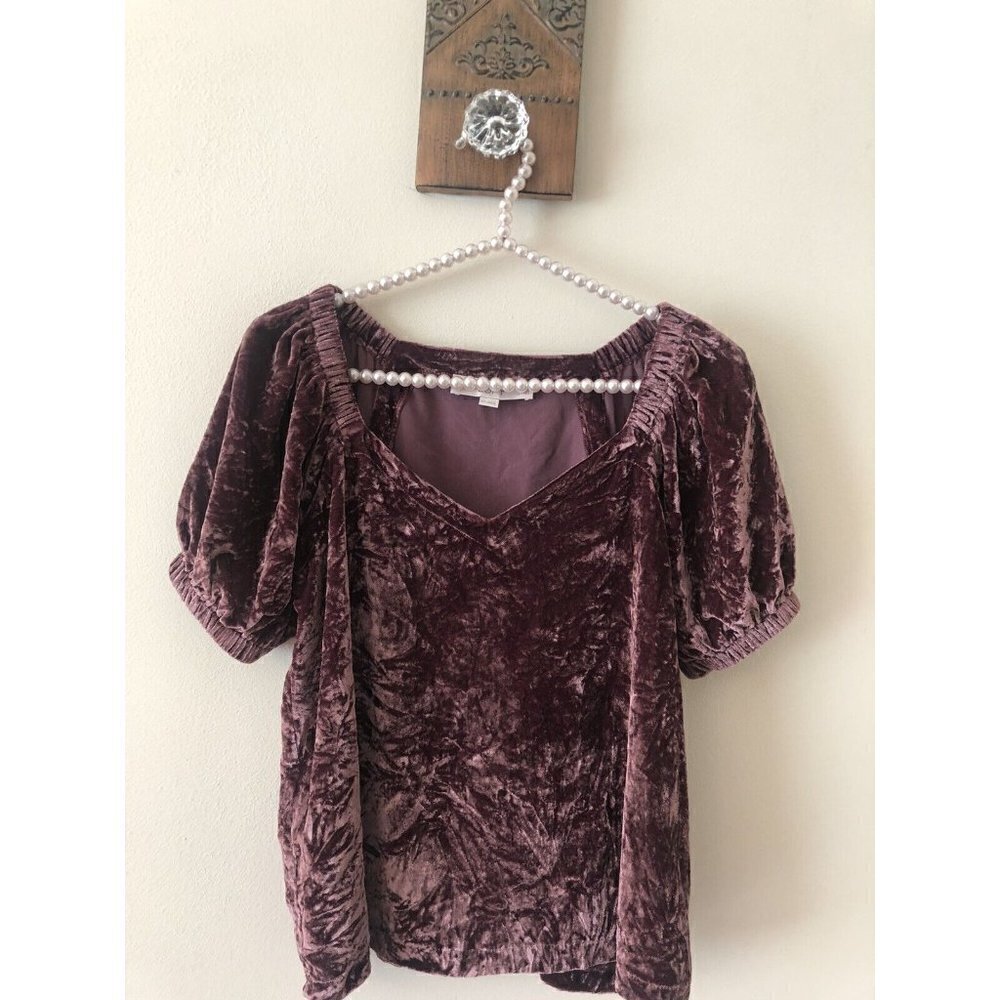 LOFT Petites Womens Size XSP Crushed Velvet Top Short Sleeve Burgundy